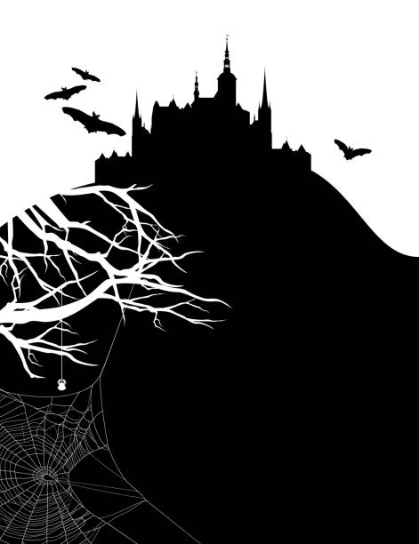 halloween theme vector background with vampire castle and spider web mysterious medieval vampire castle silhouette - halloween theme black and white vector copy space background with monster bats, spider web and creepy skyline count dracula stock illustrations
