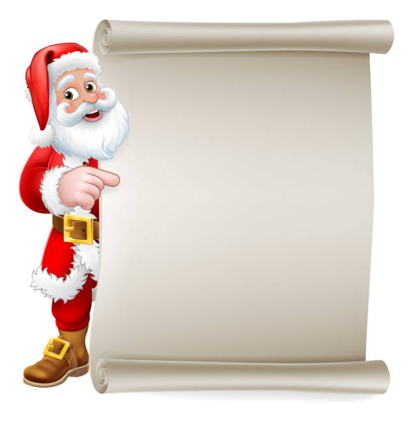 Santa Claus Christmas Cartoon Peeking Background Santa Claus Christmas cartoon character peeking around a scroll sign background and pointing at copyspace. santa letter stock illustrations