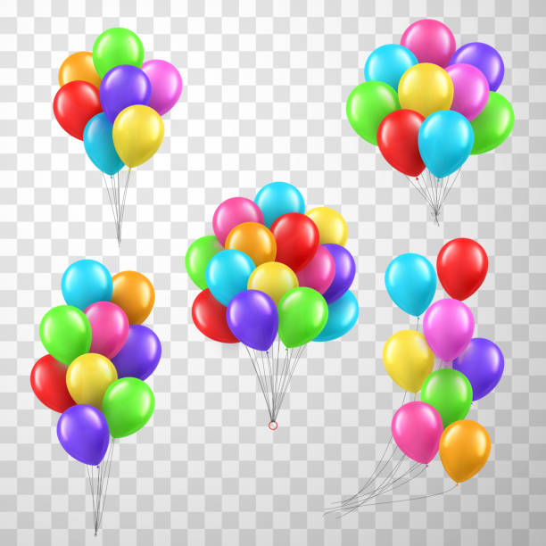 ilustraciones, imágenes clip art, dibujos animados e iconos de stock de colección de globos realistas multicolores vector de diseño de aire de vacaciones para la celebración festiva - bundle