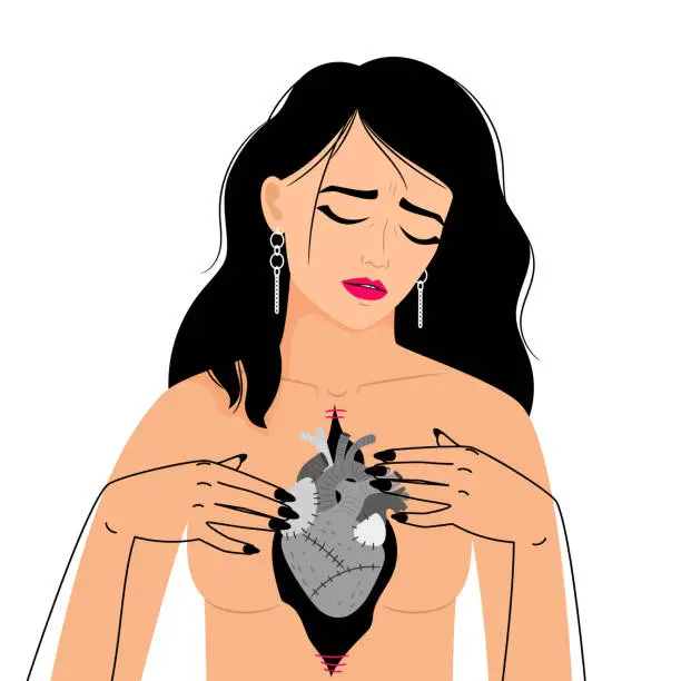 Vector illustration of Girl dead heart. Woman with hearts problem, deadly sickness lady, female health problems, cardiac breast pain attack vector illustration