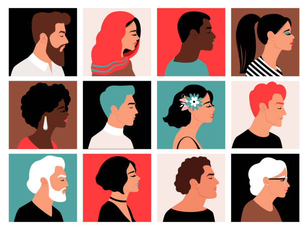 People side faces. Profile face set, muslim and black women, young and bearded men heads avatars characters, simple guy and girl human persons vector People side faces. Profile face set, muslim and black women, young and bearded men heads avatars characters, simple guy and girl human persons vector illustration black guy with blonde hair stock illustrations
