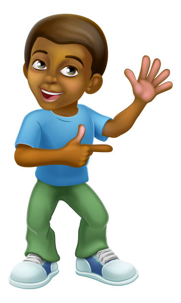 Black Boy Cartoon Character Child Kid Pointing A young black little boy cartoon child character kid waving and pointing. white background smiling minority african descent stock illustrations
