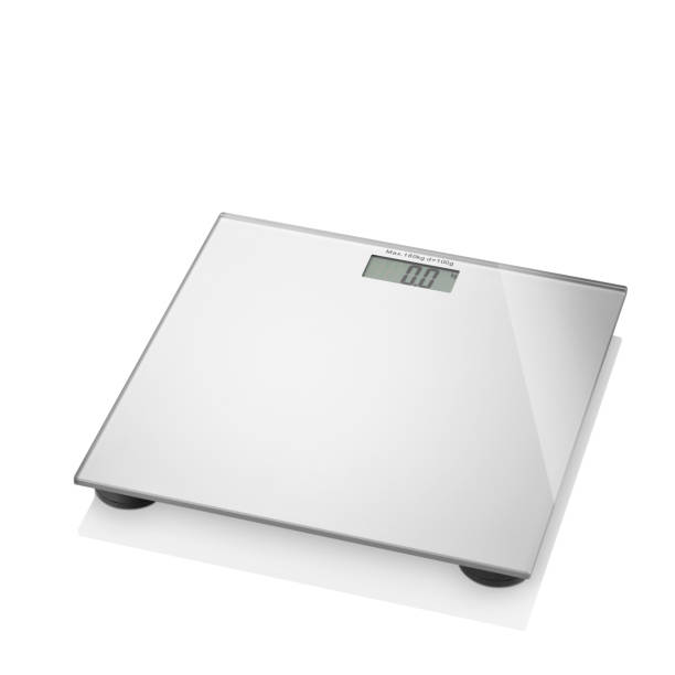 Silver tempered glass digital bathroom scale isolated