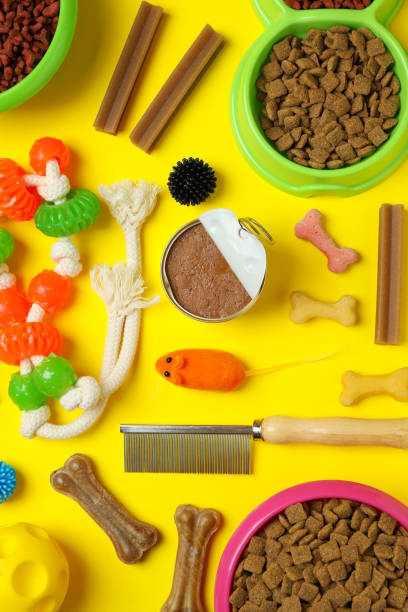 istock Pet accessories on yellow background, top view 1333205742