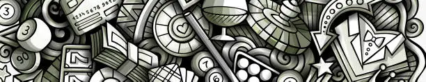 Vector illustration of Casino hand drawn doodle banner. Cartoon vector detailed flyer.