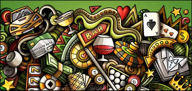 Vector illustration of Casino hand drawn doodle banner. Cartoon vector detailed flyer.