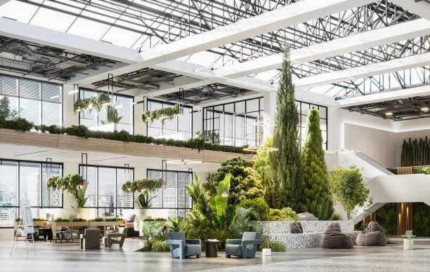 istock 3D rendering of an environmentally friendly modern office 1333206739