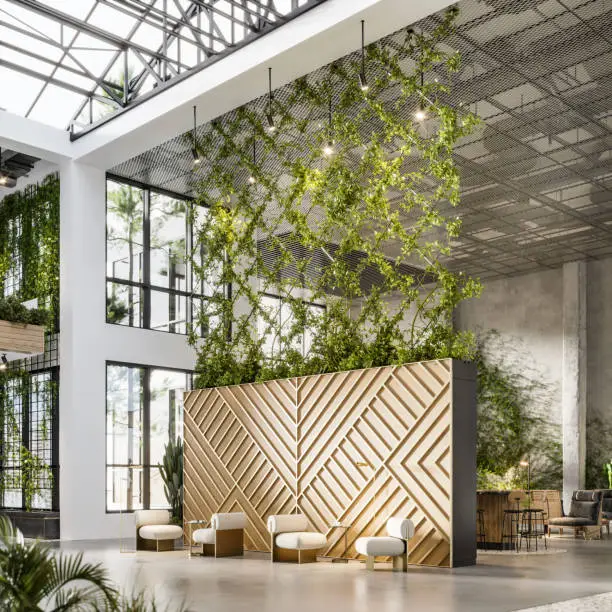 Artistically designed creative office foyer. 3d image of office lobby with wooden paneled wall and creeper plant in a criss-cross pattern.