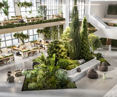 Eco friendly office interior with many plants and trees. 3D render of a green office building.