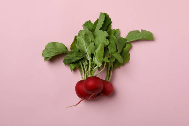 istock Fresh radish with leaves on pink background 1333207189