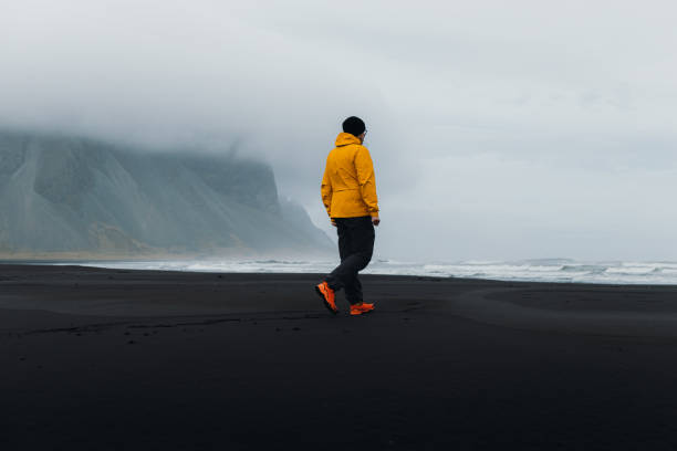 istock Young man traveler exploring the moody black sand beach with mountains view 1333210279