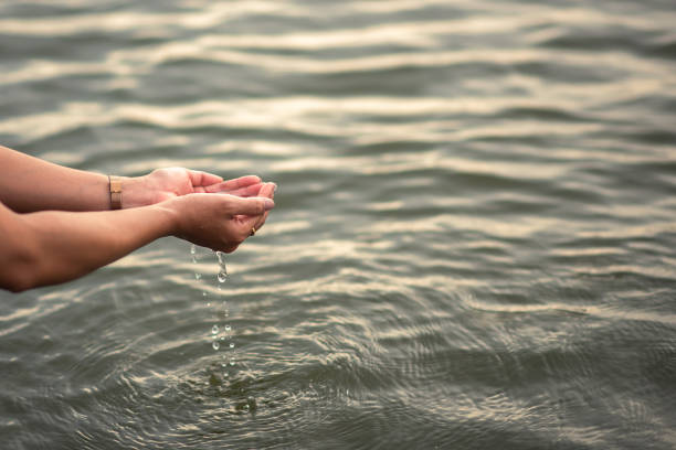 istock Woman's hand with water and water droplets, water conservation concept. 1333211229