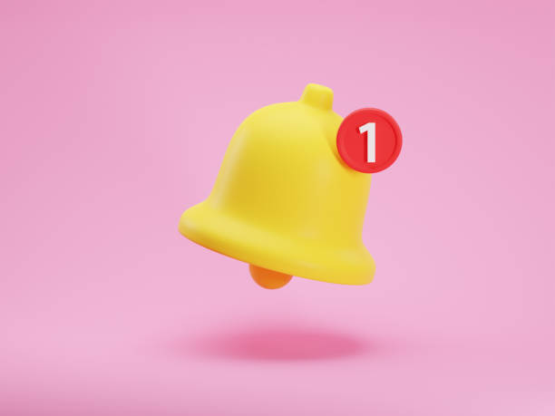 istock 3d render icon of matte yellow notification bell with one new message isolated on pink background. Social media notice event reminder. 3d rendering illustration, concept of notification message 1333212287