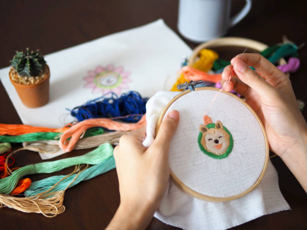 hand craft embroidery art woman hobby shiba dog flower pattern handmade selected focus hand craft embroidery art woman hobby shiba dog flower pattern handmade selected focus cactus plant needle pattern stock pictures, royalty-free photos & images