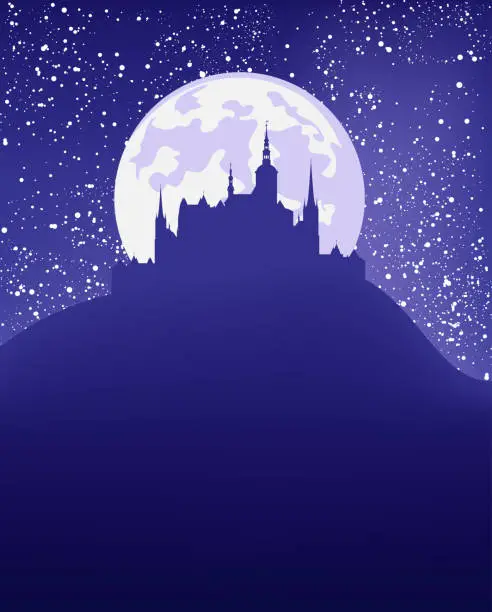 Vector illustration of vector night scene background with fairy tale castle, full moon and stars