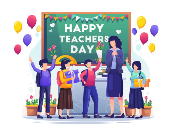Kids students give gifts and flowers to their teacher on Teacher's Day. vector illustration Kids students give gifts and flowers to their teacher on Teacher's Day. Flat vector illustration happy teacher day stock illustrations