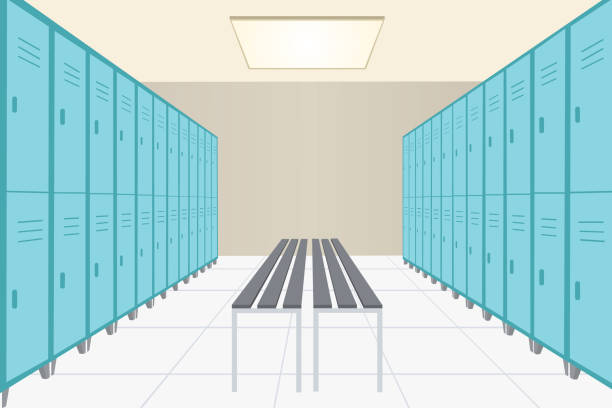 ilustraciones, imágenes clip art, dibujos animados e iconos de stock de vestuario de gimnasio o gimnasio con gabinetes y bancos - locker room