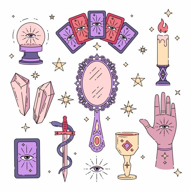 Set of magic symbols, witch tattoos, prediction, tarot cards. Set of magic symbols, witch tattoos, prediction, tarot cards. Crystal ball, tarot cards, candle, hand with eye, mirror, sword and snake, goblet and stars. Trendy vector illustration, boho design, modern crystal chalice stock illustrations