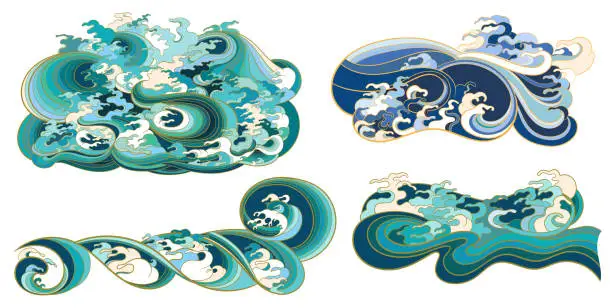 Vector illustration of A set of vector elements, templates on the theme of waves in an oriental style.