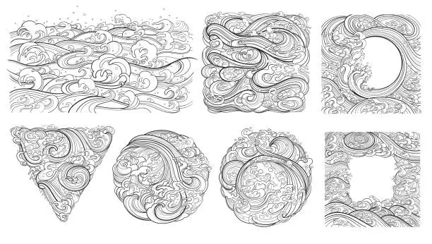 Vector illustration of A set of vector contour elements, templates on the theme of waves in an oriental style.