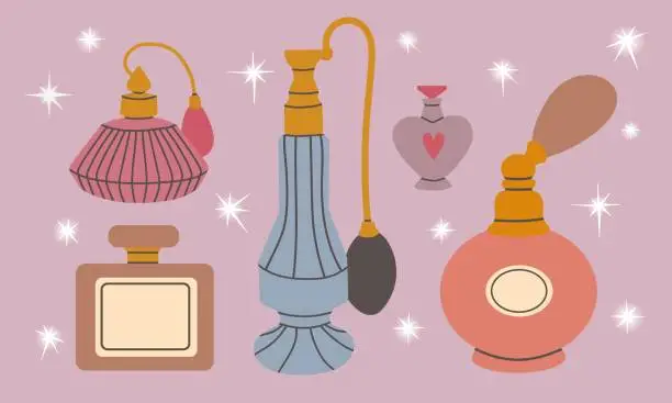 Vector illustration of Various hand drawn perfume products in glass bottles.