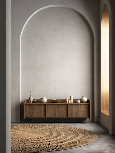 istock Interior with arcs, dresser and decor. 3d render illustration mockup. 1333222127