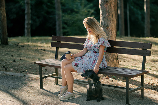 Fashionable woman with dog drinking coffee and sitting on bench in park