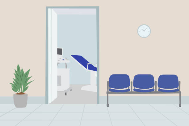 ilustraciones, imágenes clip art, dibujos animados e iconos de stock de sala de espera en la oficina del ginecólogo con asientos azules vacíos - waiting room doctors office empty nobody