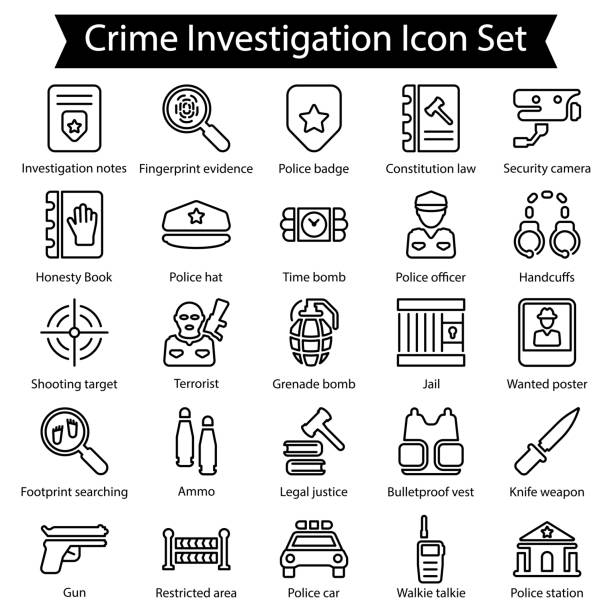 ilustraciones, imágenes clip art, dibujos animados e iconos de stock de conjunto de iconos de línea de investigación de delitos - computer icon symbol knife terrorism