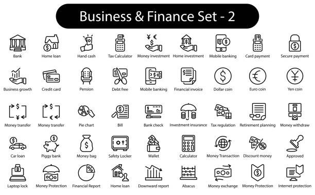 бизнес и финансы 2 строки icon set - car loan finance symbol stock illustrations