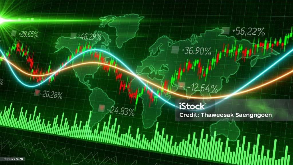 Motion of red green candle stick graph chart of stock market trading with world map background, Bullish Bearish stock point. Economy trends charts for business. Financial investment concept. Motion of red green candle stick graph chart of stock market trading with world map background, Bullish Bearish stock point. Economy trends charts for business. Financial investment concept. For design content Stock Market and Exchange Stock Photo