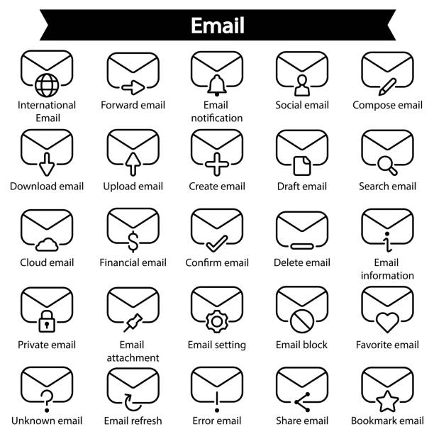 ilustrações de stock, clip art, desenhos animados e ícones de email line icon set - bookmark sharing vector key