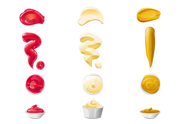 illustrazioni stock, clip art, cartoni animati e icone di tendenza di ketchup, maionese, salse di senape impostate. illustrazione vettoriale realistica isolata su sfondo bianco. - mustard sauce