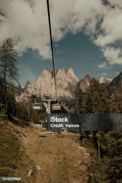 Dolomites And Chairlifts In Summer Stock Photo - Download Image Now - Dolomites, Overhead Cable Car, Italy