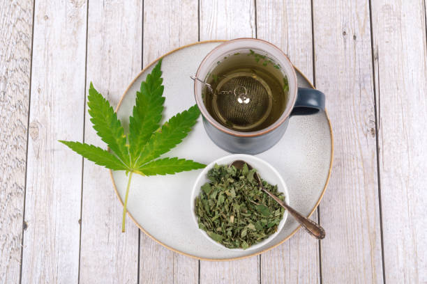 cannabis tea with cup and tea strainer - cannabis, marijuana - photography sign table ganja imagens e fotografias de stock