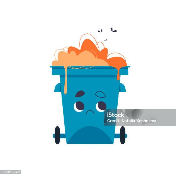 Scared Dustbin Cute Sad Dustbin Full Of Trash Isolated Vector Illustration Stock ...