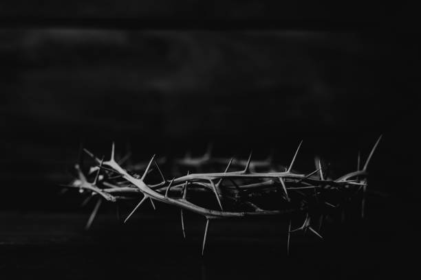 The crown of thorns of Jesus upon holy bible on black  background with copy space, can be used for Christian background. stock photo