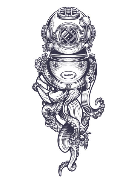 Vintage diving helmet with tentacles. Colorful hand drawn vector illustration in engraving technique of "Mark V" diving helmet and tentacles of an octopus isolated on white background. tentacle stock illustrations
