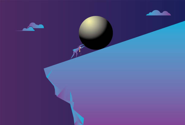 istock The business man pushes the iron ball hard on the cliff 1333231287