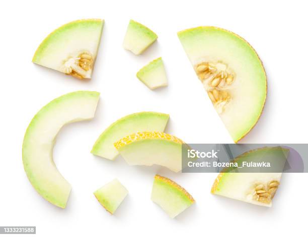 Galia Melon Pieces Isolated On White Background Stock Photo - Download Image Now - Melon, Slice of Food, White Background