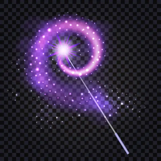 Vector illustration of Magic Wand with mysterious purple light glowing trail, star dust and sparkle glitter. Isolated object for fantasy magician in game,cartoon or fairytale. Vector illustration