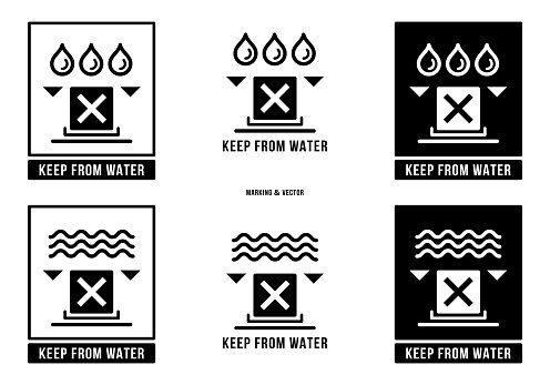 A set of manipulation symbols for packaging cargo products and goods. Marking - Clamp here. Marking - Keep from water. Vector elements.