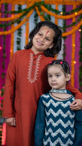 Photo of Indian children wearing ethnic Indian dress during Raksha Bandhan