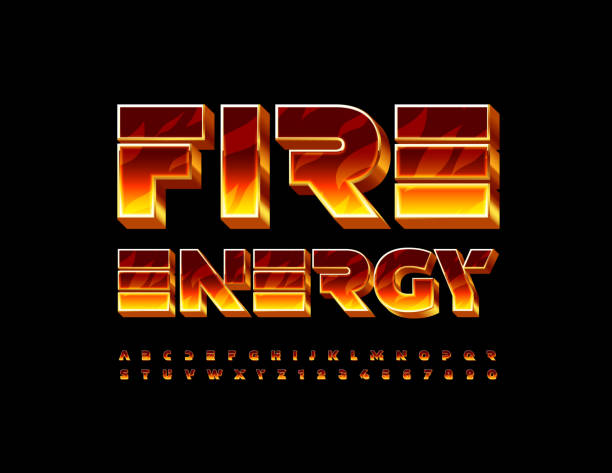 Vector flaming emblem Fire Energy. Bright 3D Alphabet Letters and Numbers set Burning pattern Font fire inferno typescript alphabet stock illustrations