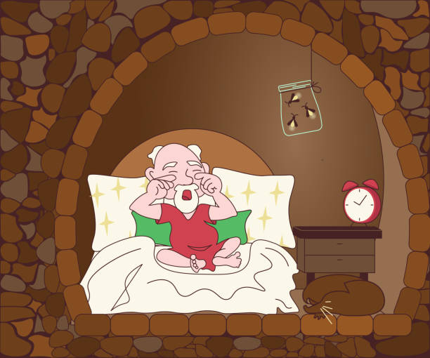 lustiger süßer mythologischer gnom wachte morgens in seinem bett auf - gnome troll wizard dwarf stock-grafiken, -clipart, -cartoons und -symbole