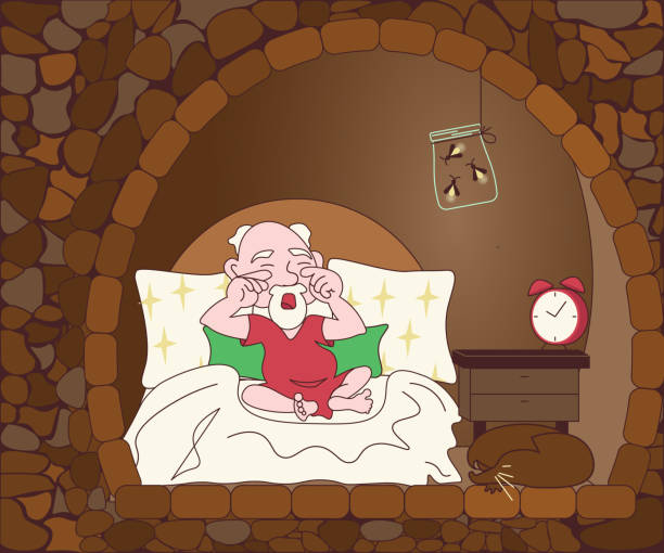 illustrazioni stock, clip art, cartoni animati e icone di tendenza di divertente gnomo mitologico carino svegliato al mattino nel suo letto - gnome troll wizard dwarf