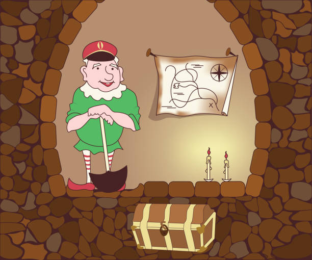 illustrations, cliparts, dessins animés et icônes de drôle de gnome mythologique mignon avec une pelle a trouvé un coffre au trésor - gnome troll wizard dwarf