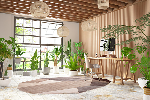 Cozy Workspace with Plants. 3d Render