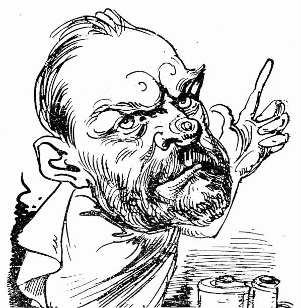 Threatening men's head, with the index finger facing upwards Caricature from 19th century. caricature stock illustrations
