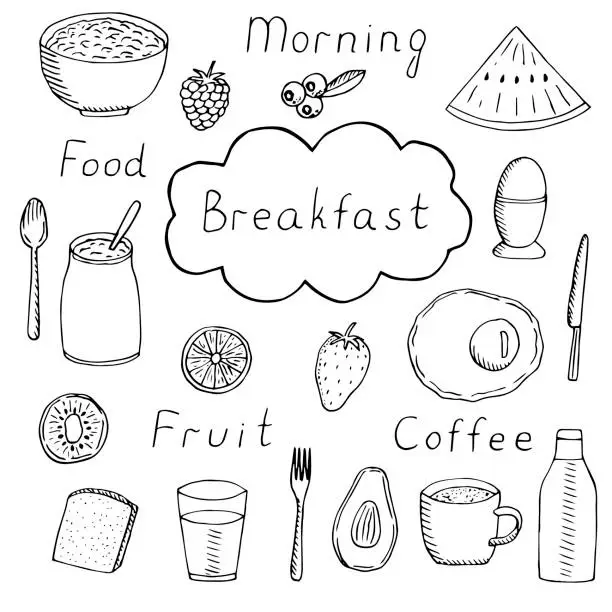 Vector illustration of Breakfast set, vector illustration, food hand drawing doodles